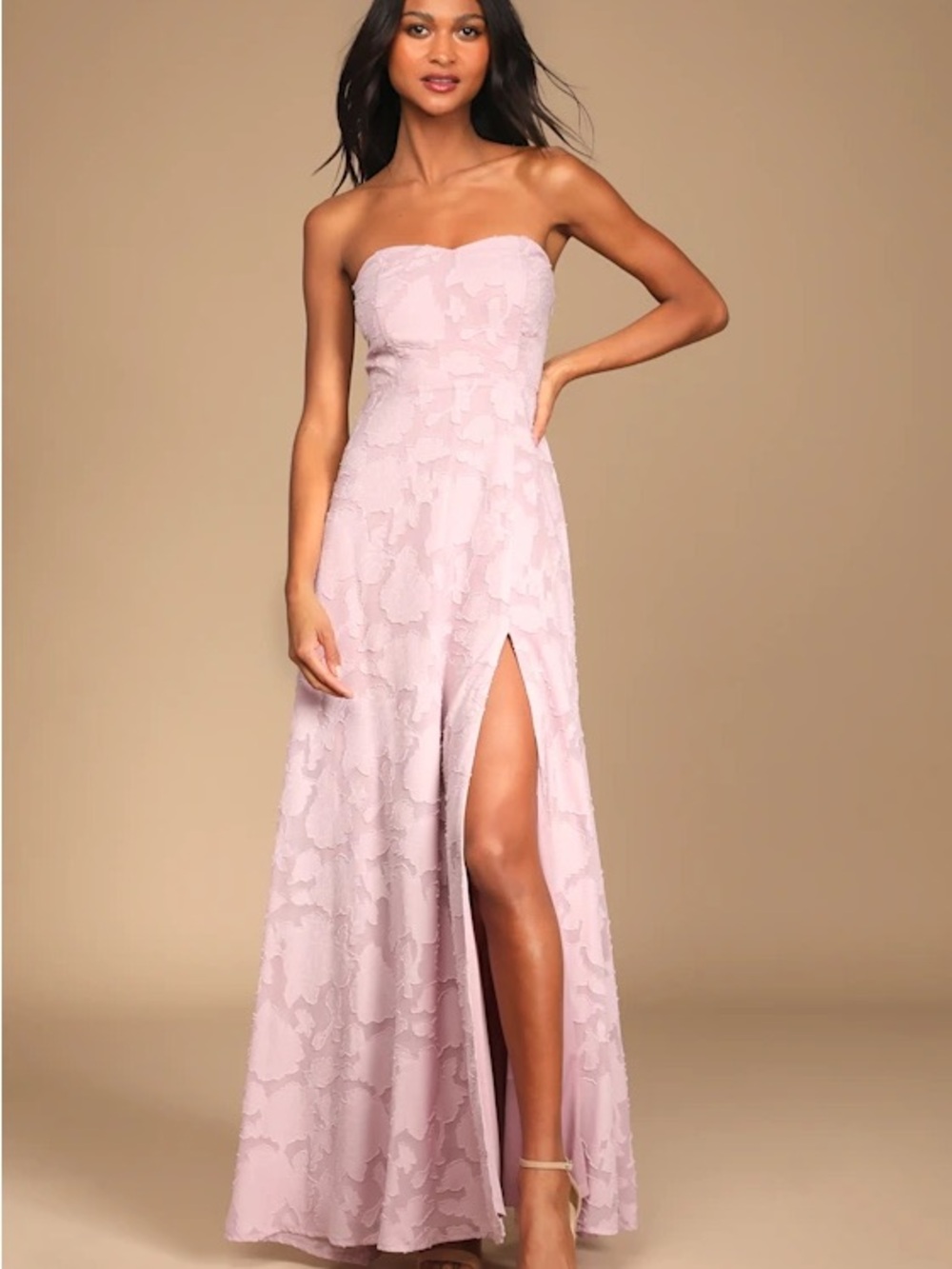 Lulu's Strapless Lace Evening Gown in Light Pink with High Slit
